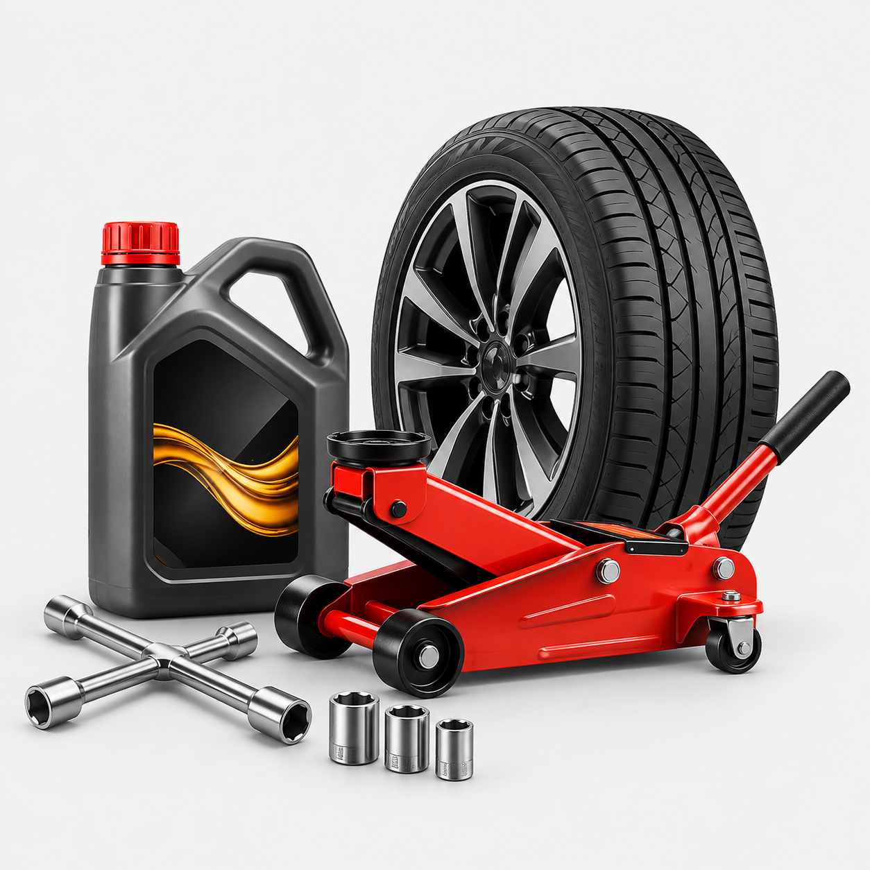 Automotivo — macaco, pneu e óleo